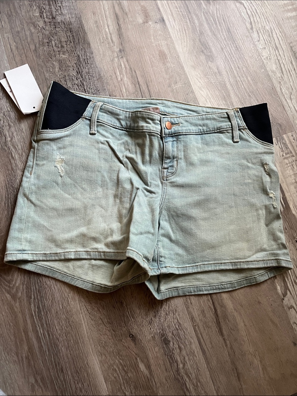 Isabel maternity light blue wash jean shorts with side panel grow with you belly